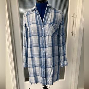 ANTHROPOLOGIE Cloth & Stone Frayed Blue Plaid Shirt Dress XS loose fit
